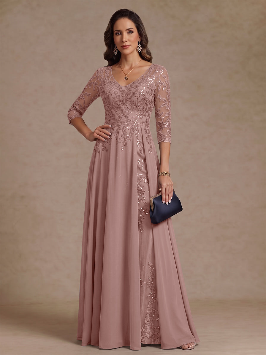 A-Line/Princess V-Neck Half Sleeves Floor-Length Mother of the Bride Dresses with Sequins