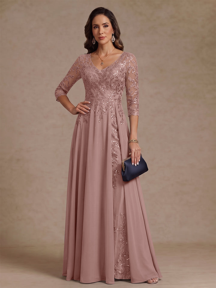 A-Line/Princess V-Neck Half Sleeves Floor-Length Mother of the Bride Dresses with Sequins