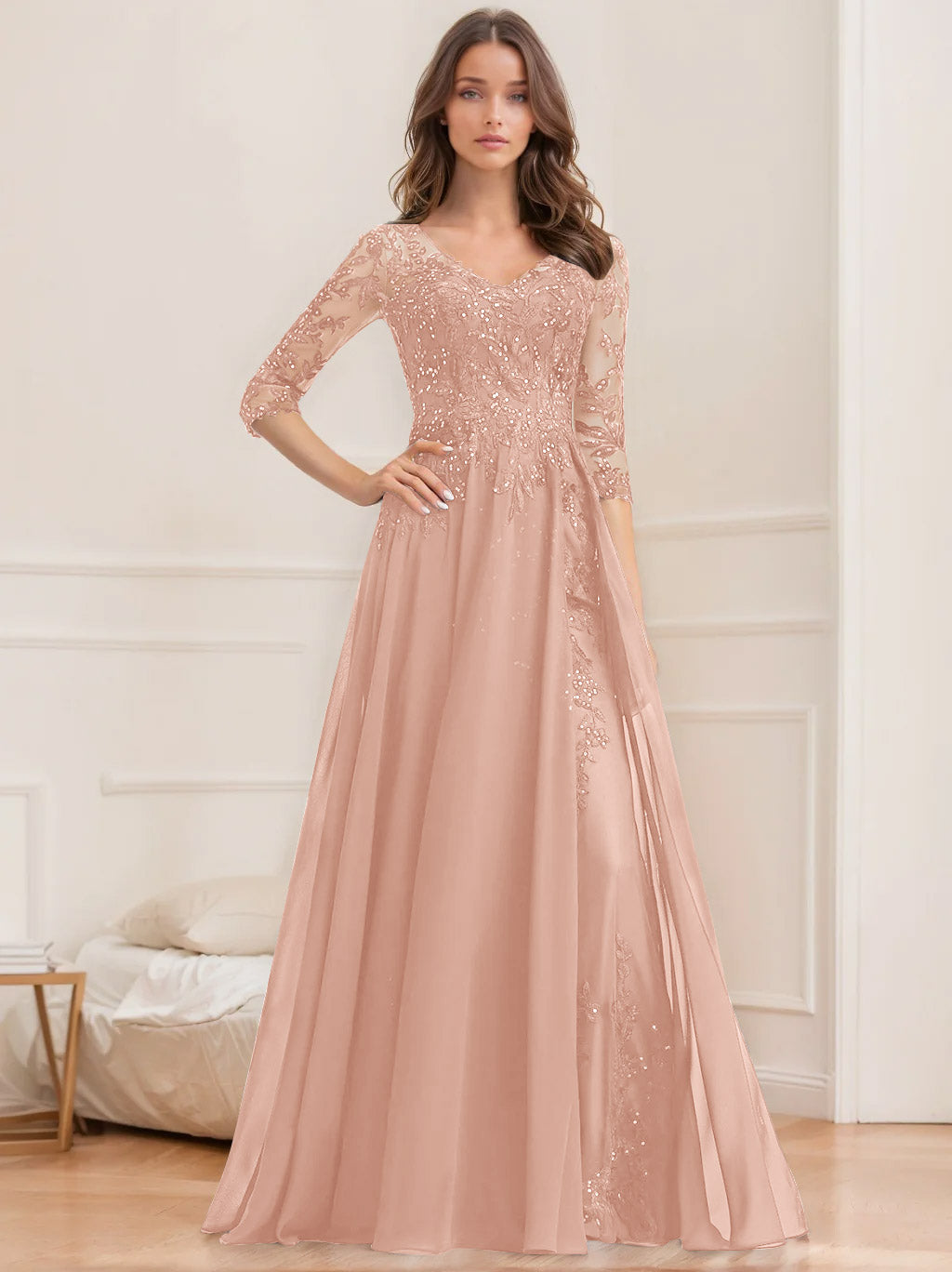 A-Line/Princess V-Neck Half Sleeves Floor-Length Mother of the Bride Dresses with Sequins