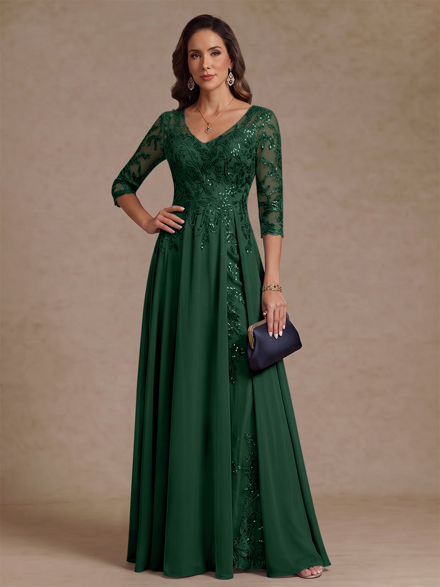 A-Line/Princess V-Neck Half Sleeves Floor-Length Mother of the Bride Dresses with Sequins