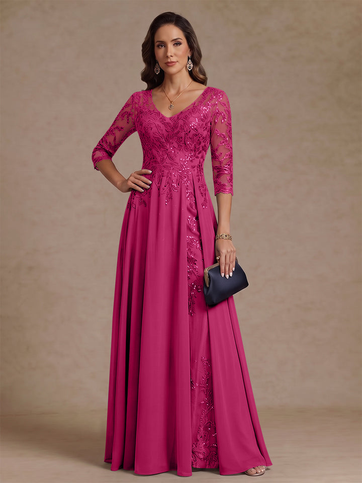 A-Line/Princess V-Neck Half Sleeves Floor-Length Mother of the Bride Dresses with Sequins