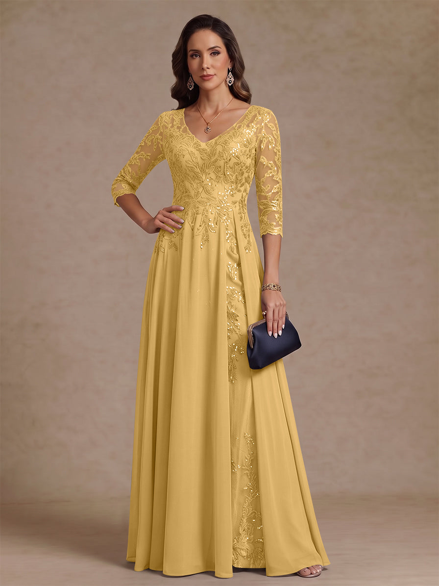 A-Line/Princess V-Neck Half Sleeves Floor-Length Mother of the Bride Dresses with Sequins