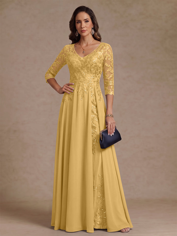 A-Line/Princess V-Neck Half Sleeves Floor-Length Mother of the Bride Dresses with Sequins
