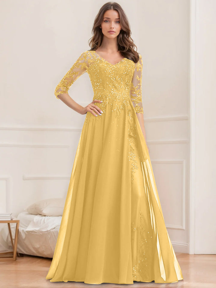 A-Line/Princess V-Neck Half Sleeves Floor-Length Mother of the Bride Dresses with Sequins