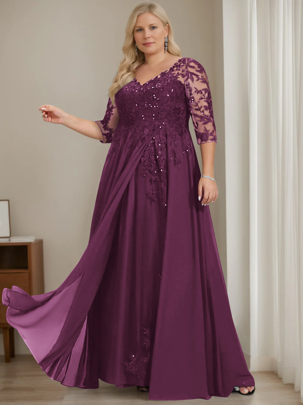 A-Line/Princess V-Neck Half Sleeves Floor-Length Plus Size Mother of the Bride Dresses with Sequins Grape A-Line/Princess V-Neck Half Sleeves Floor-Length Plus Size Mother of the Bride Dresses with Sequins Grape