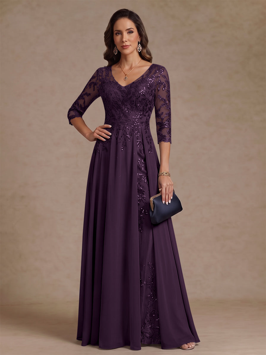 A-Line/Princess V-Neck Half Sleeves Floor-Length Mother of the Bride Dresses with Sequins