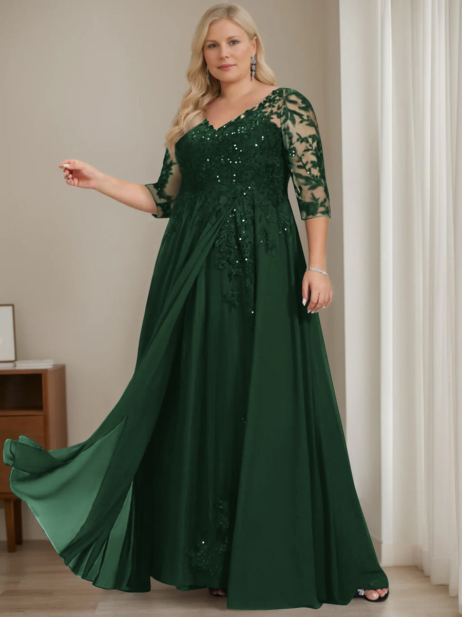 A-Line/Princess V-Neck Half Sleeves Floor-Length Plus Size Velvet Mother Of The Bride Dresses With Ruffles main image 1