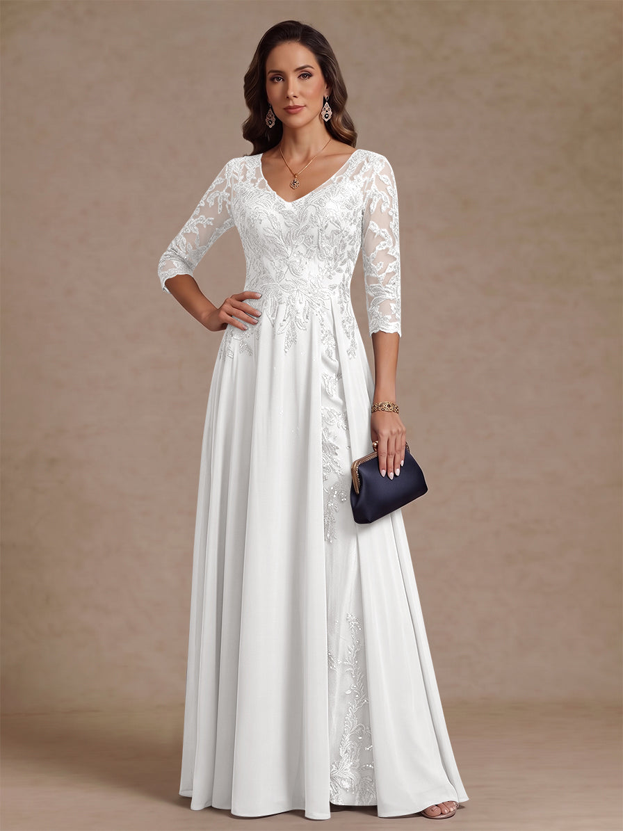 A-Line/Princess V-Neck Half Sleeves Floor-Length Mother of the Bride Dresses with Sequins