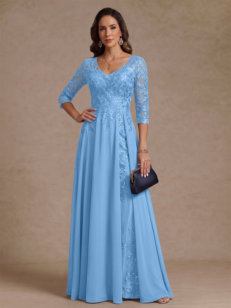 A-Line/Princess V-Neck Half Sleeves Floor-Length Mother of the Bride Dresses with Sequins