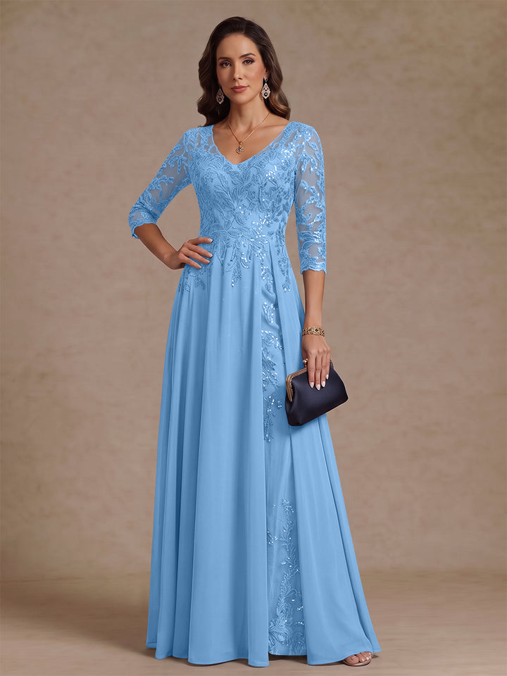 A-Line/Princess V-Neck Half Sleeves Floor-Length Mother of the Bride Dresses with Sequins