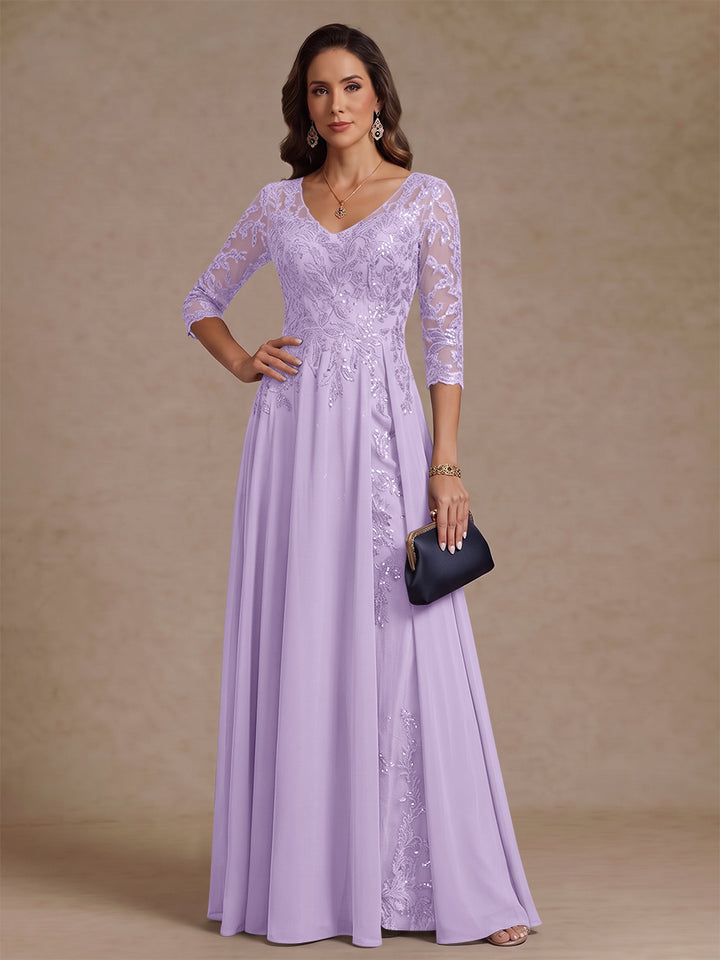 A-Line/Princess V-Neck Half Sleeves Floor-Length Mother of the Bride Dresses with Sequins