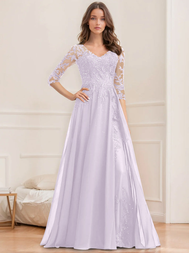 A-Line/Princess V-Neck Half Sleeves Floor-Length Mother of the Bride Dresses with Sequins