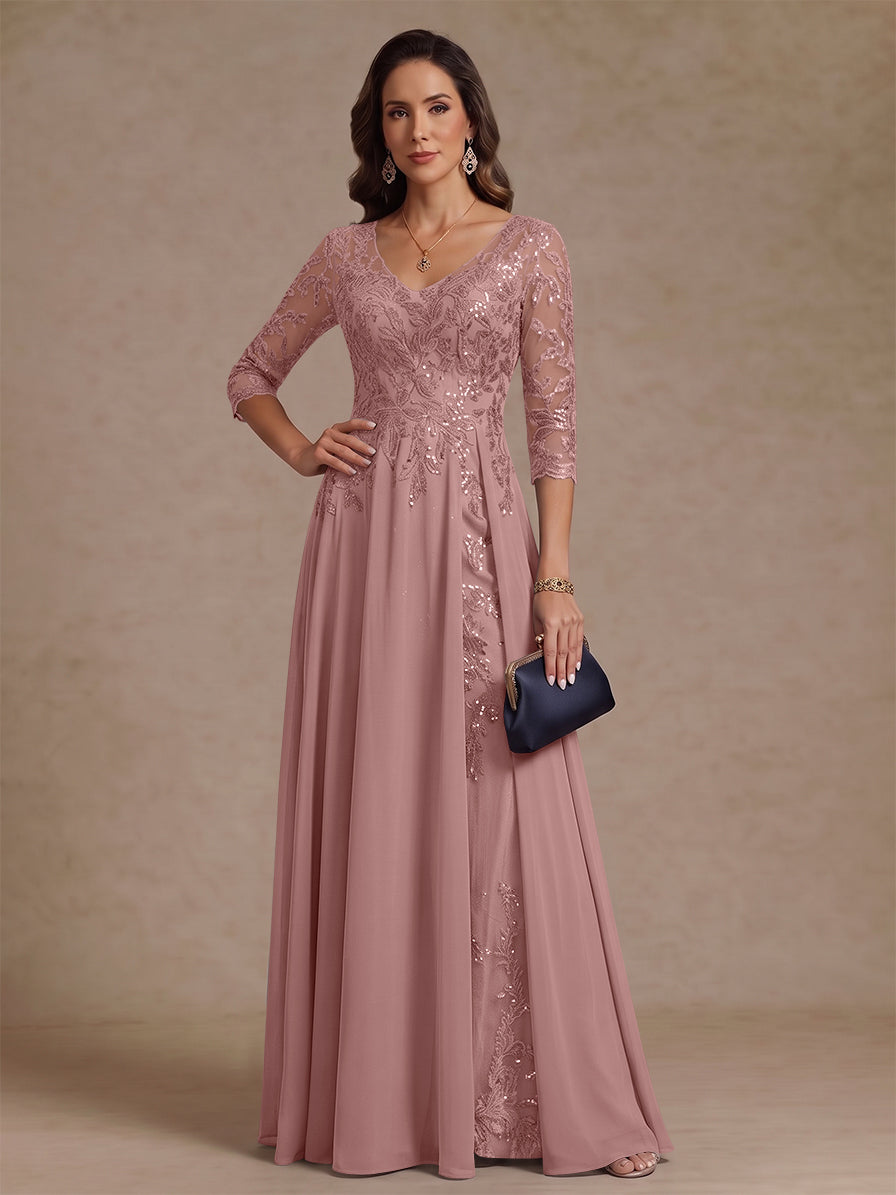 A-Line/Princess V-Neck Half Sleeves Floor-Length Mother of the Bride Dresses with Sequins