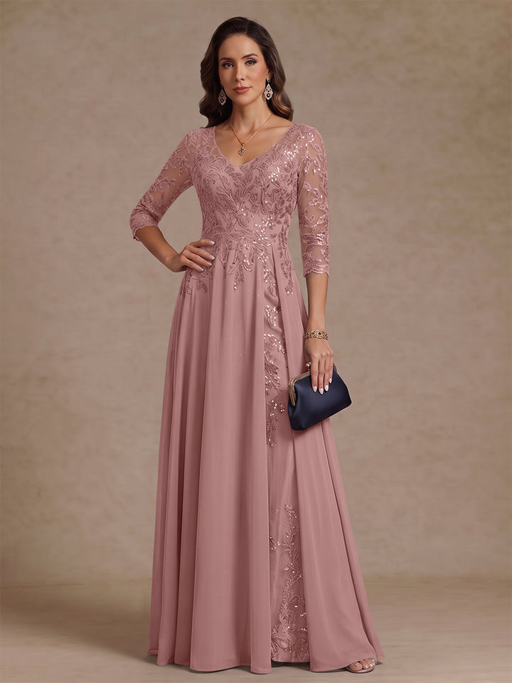 A-Line/Princess V-Neck Half Sleeves Floor-Length Mother of the Bride Dresses with Sequins
