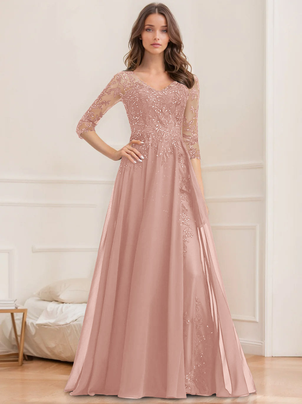 A-Line/Princess V-Neck Half Sleeves Floor-Length Mother of the Bride Dresses with Sequins