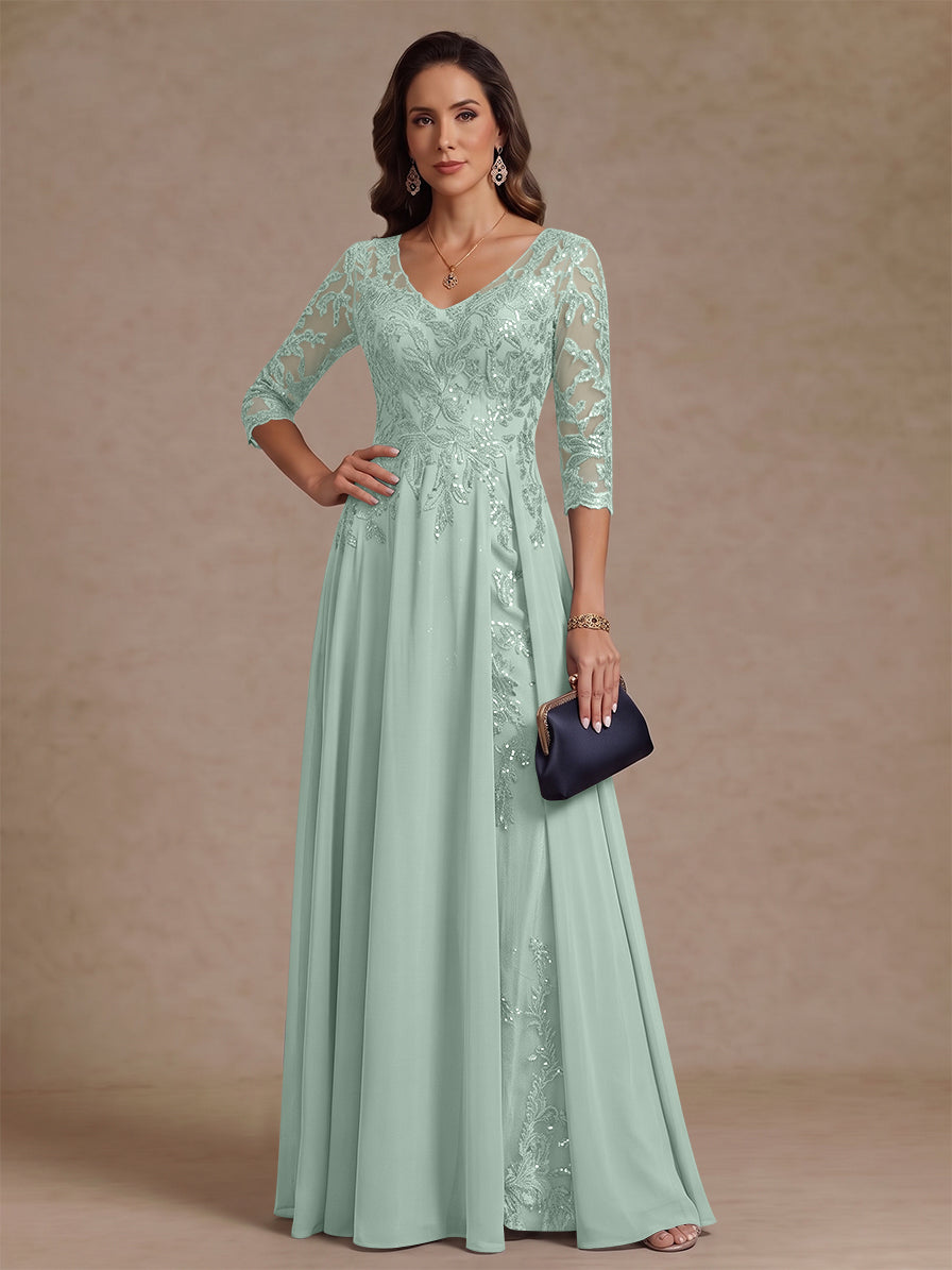 A-Line/Princess V-Neck Half Sleeves Floor-Length Mother of the Bride Dresses with Sequins
