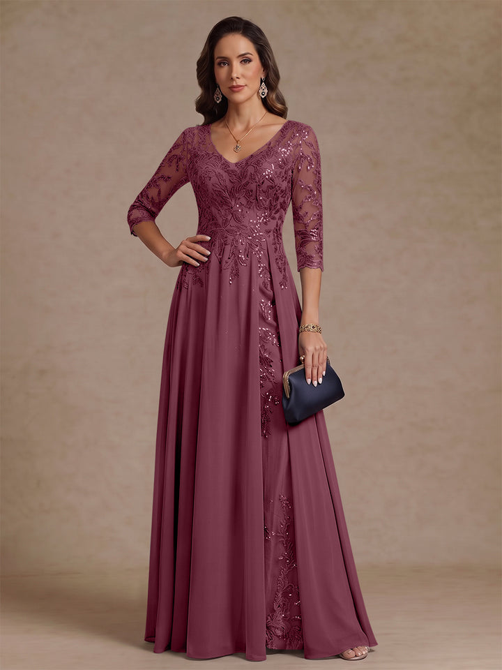 A-Line/Princess V-Neck Half Sleeves Floor-Length Mother of the Bride Dresses with Sequins