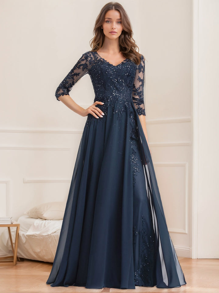 A-Line/Princess V-Neck Half Sleeves Floor-Length Mother of the Bride Dresses with Sequins