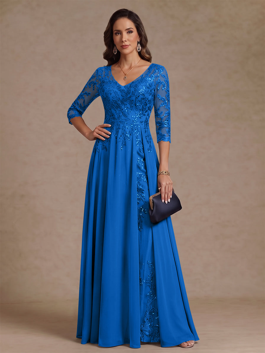 A-Line/Princess V-Neck Half Sleeves Floor-Length Mother of the Bride Dresses with Sequins