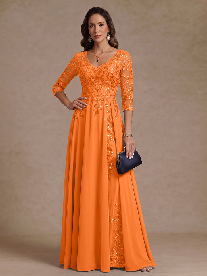 A-Line/Princess V-Neck Half Sleeves Floor-Length Mother of the Bride Dresses with Sequins