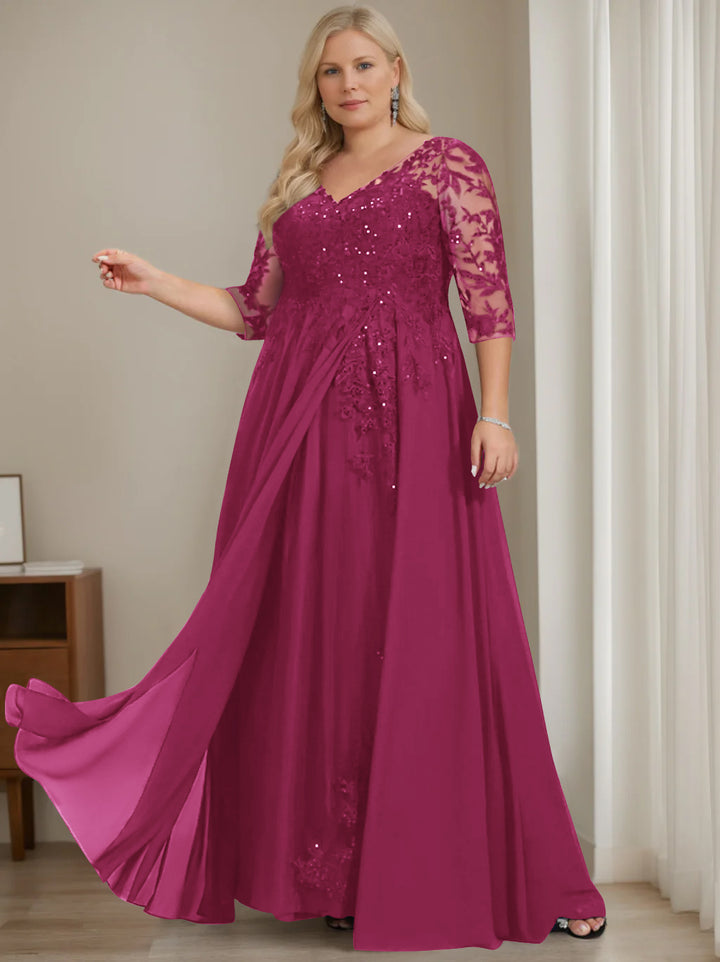 A-Line/Princess V-Neck Half Sleeves Floor-Length Plus Size Mother of the Bride Dresses with Sequins