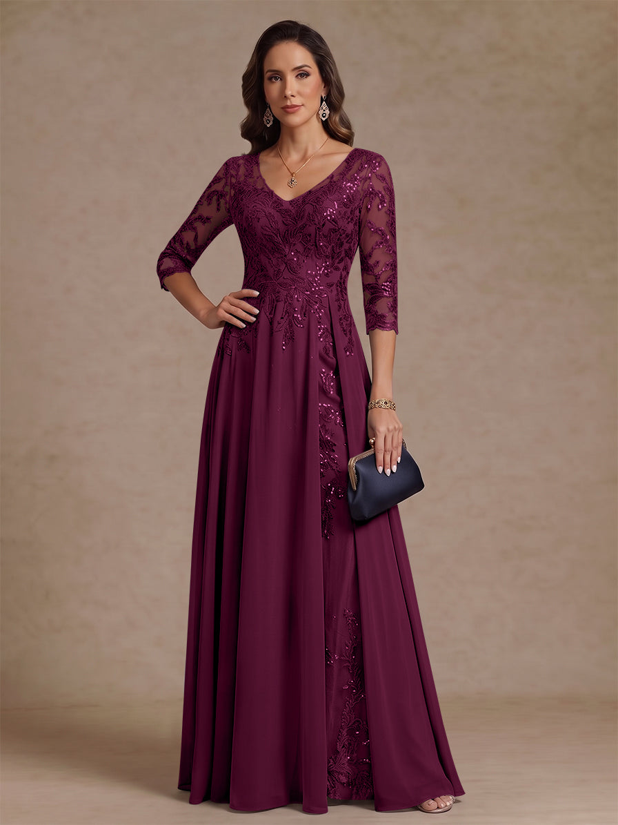 A-Line/Princess V-Neck Half Sleeves Floor-Length Mother of the Bride Dresses with Sequins