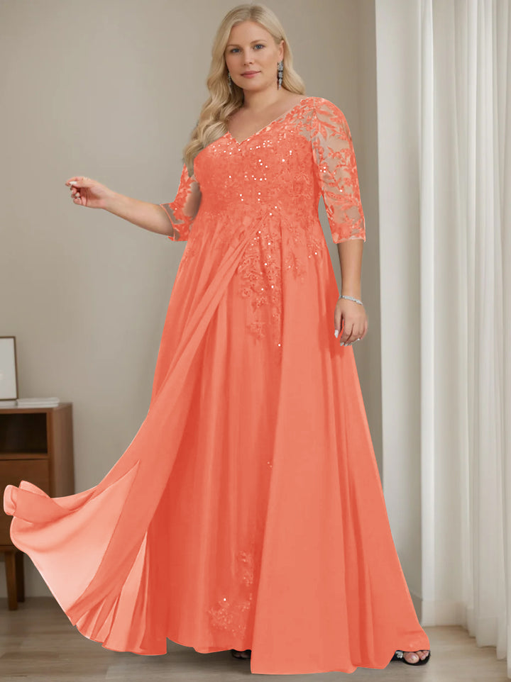 A-Line/Princess V-Neck Half Sleeves Floor-Length Plus Size Mother of the Bride Dresses with Sequins