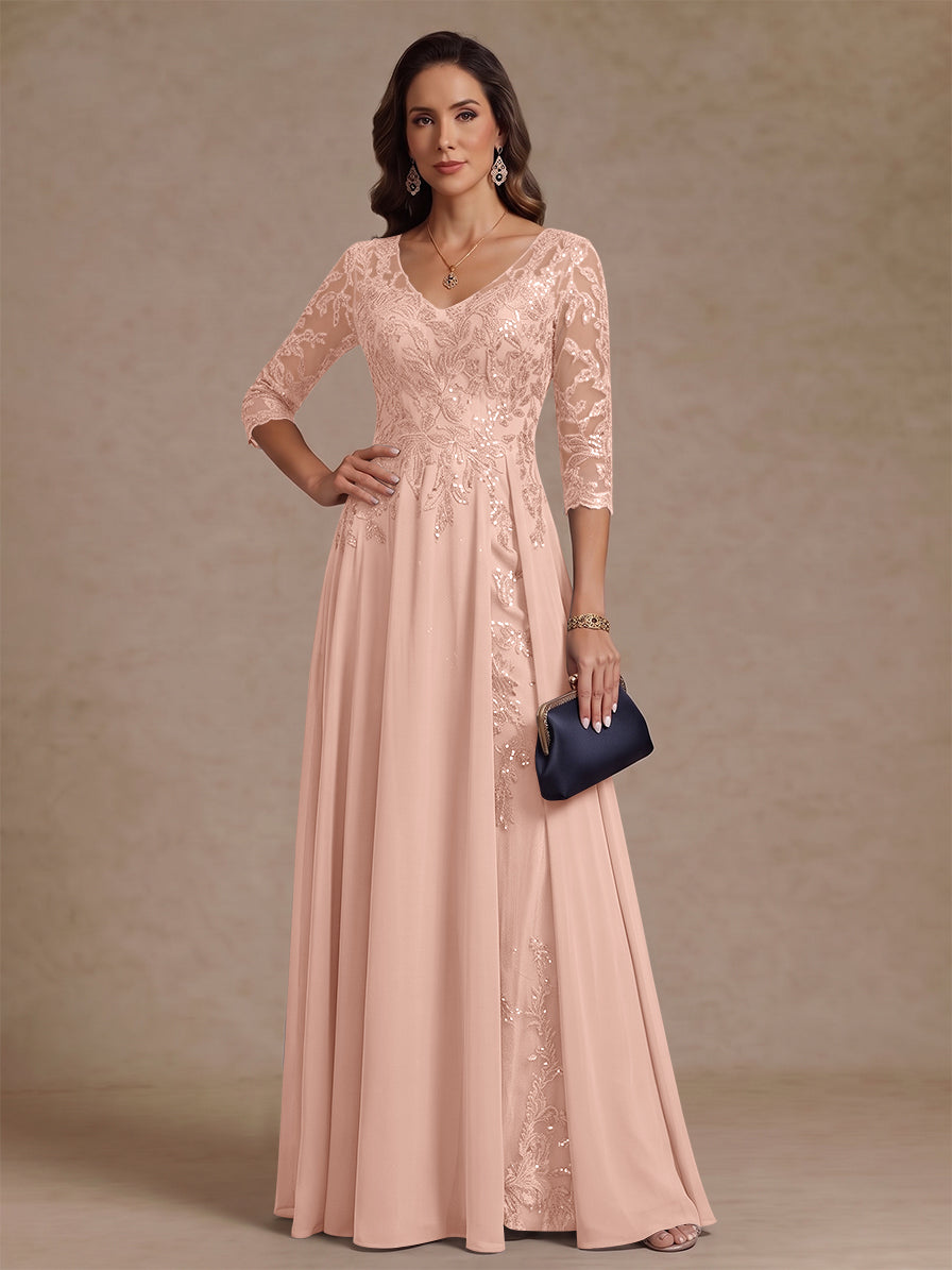 A-Line/Princess V-Neck Half Sleeves Floor-Length Mother of the Bride Dresses with Sequins