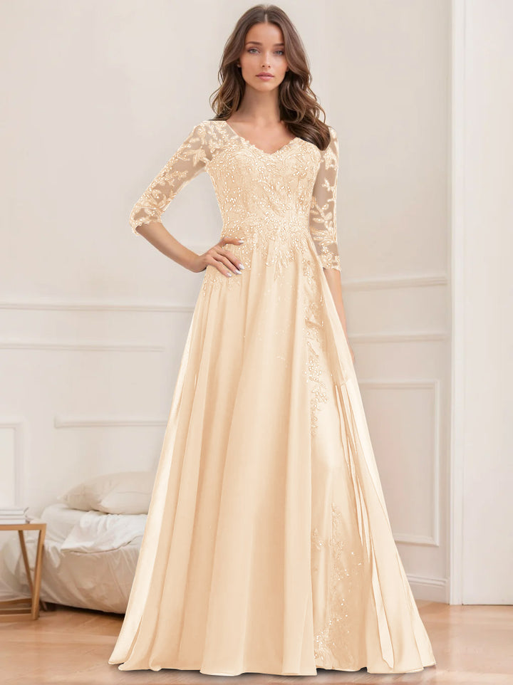 A-Line/Princess V-Neck Half Sleeves Floor-Length Mother of the Bride Dresses with Sequins