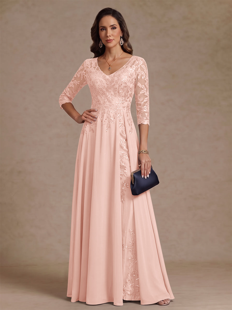 A-Line/Princess V-Neck Half Sleeves Floor-Length Mother of the Bride Dresses with Sequins