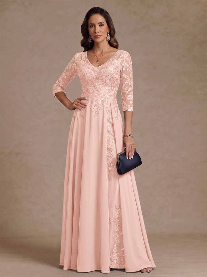A-Line/Princess V-Neck Half Sleeves Floor-Length Mother of the Bride Dresses with Sequins