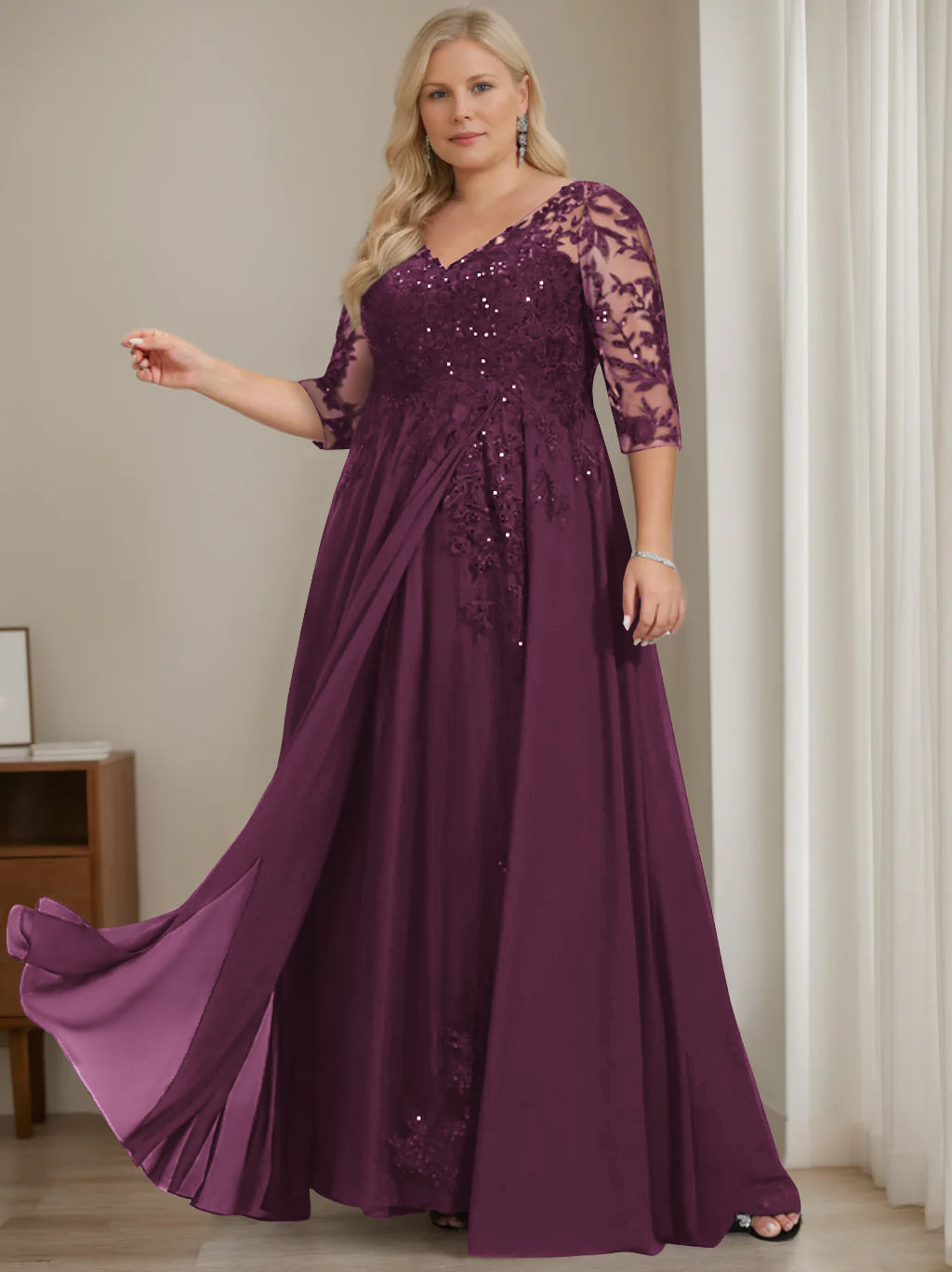 purple plus size evening dresses A-Line/Princess V-Neck Half Sleeves Floor-Length Plus Size Mother of the Bride Dresses with Sequins Plum