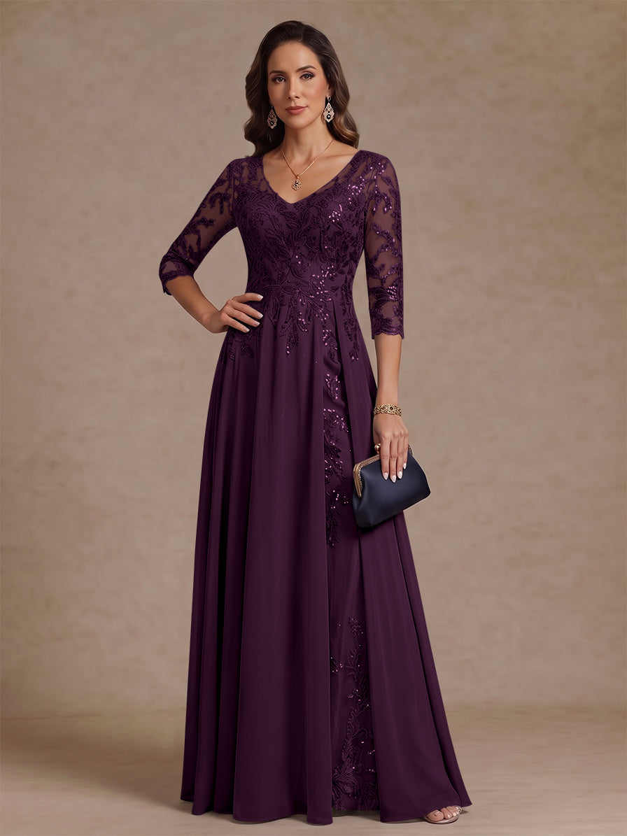 A-Line/Princess V-Neck Half Sleeves Floor-Length Mother of the Bride Dresses with Sequins