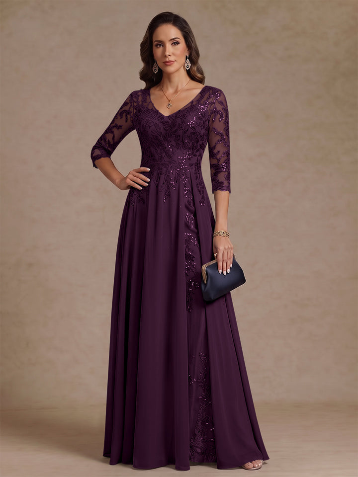 A-Line/Princess V-Neck Half Sleeves Floor-Length Mother of the Bride Dresses with Sequins