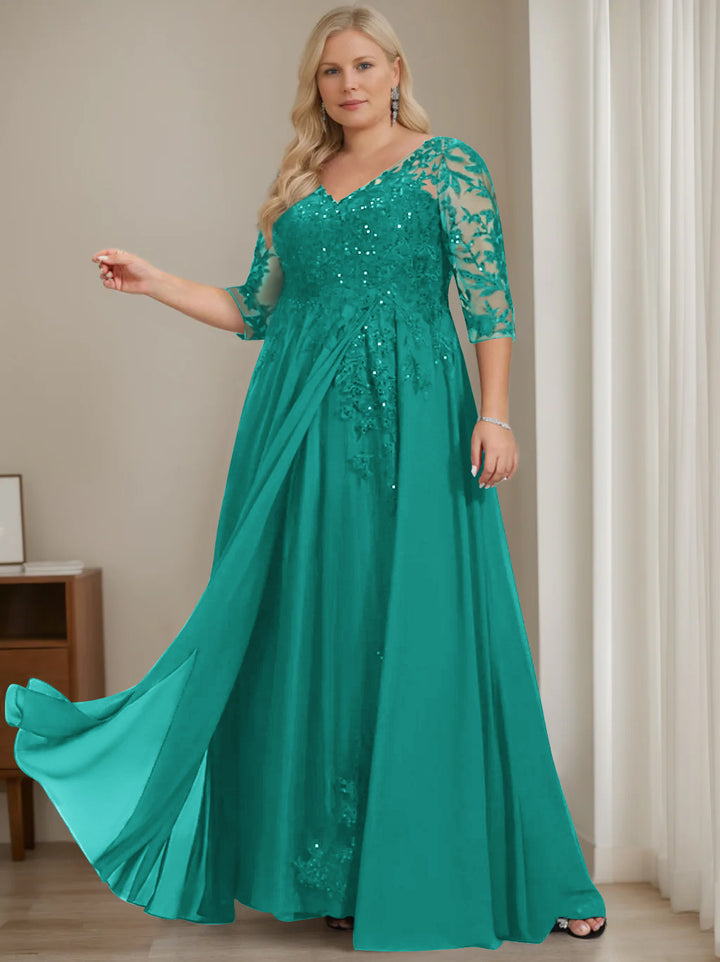 A-Line/Princess V-Neck Half Sleeves Floor-Length Plus Size Mother of the Bride Dresses with Sequins