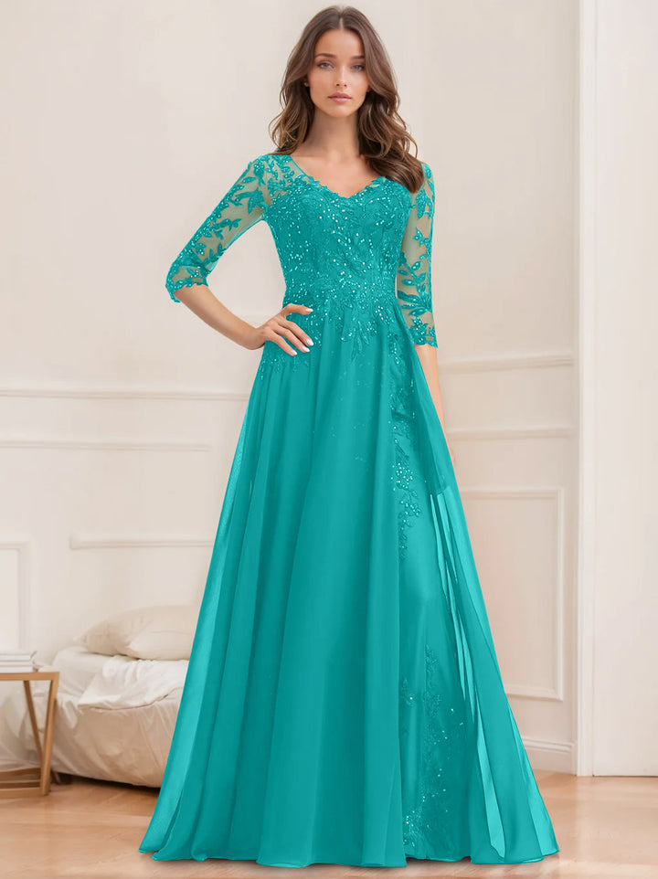 A-Line/Princess V-Neck Half Sleeves Floor-Length Mother of the Bride Dresses with Sequins