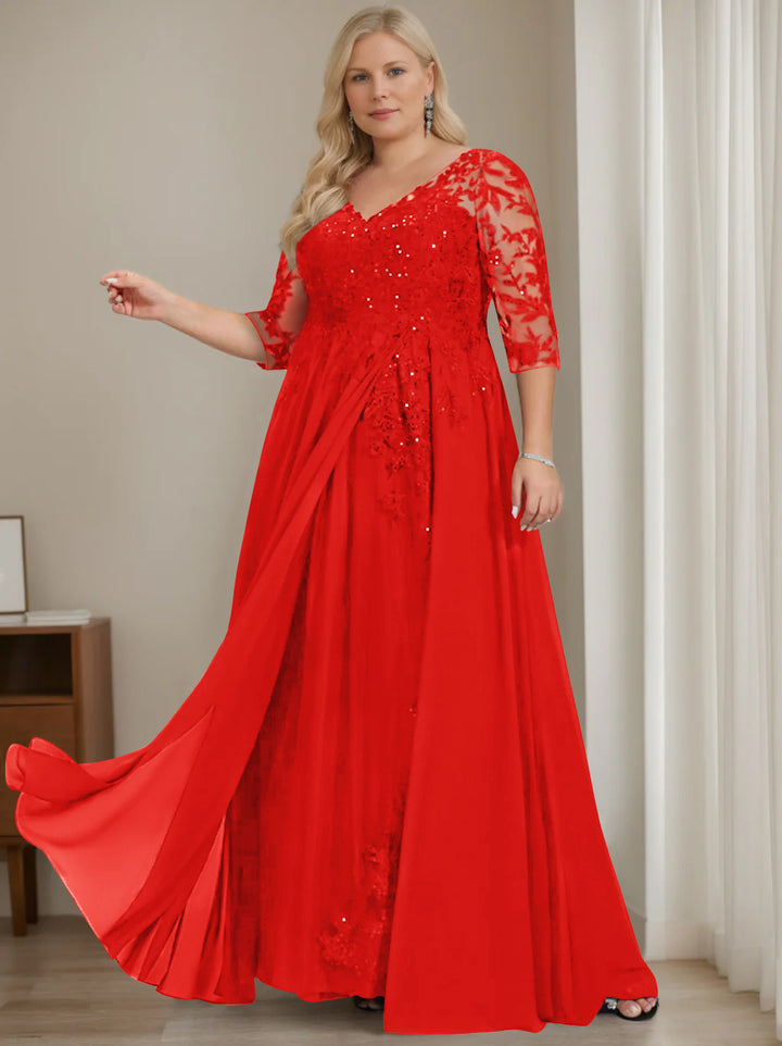 A-Line/Princess V-Neck Half Sleeves Floor-Length Plus Size Mother of the Bride Dresses with Sequins