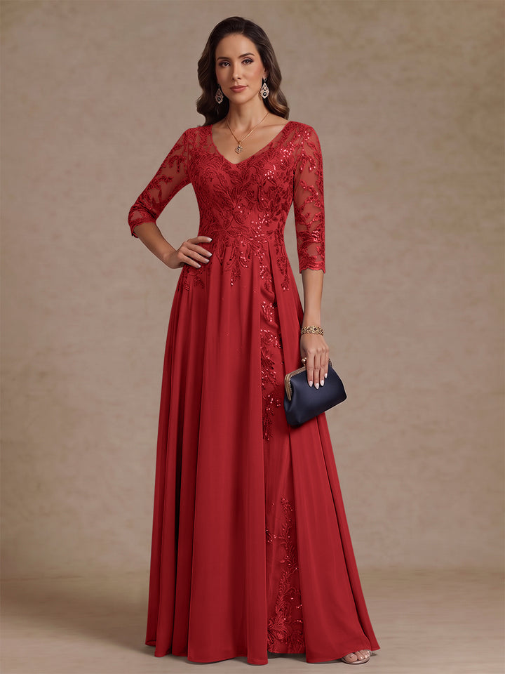 A-Line/Princess V-Neck Half Sleeves Floor-Length Mother of the Bride Dresses with Sequins