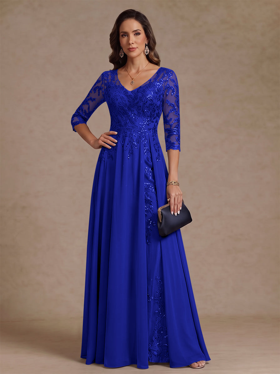 A-Line/Princess V-Neck Half Sleeves Floor-Length Mother of the Bride Dresses with Sequins