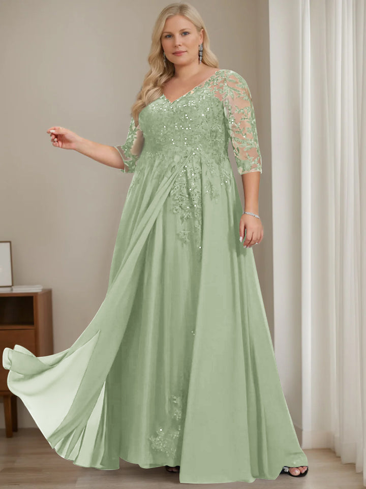 A-Line/Princess V-Neck Half Sleeves Floor-Length Plus Size Mother of the Bride Dresses with Sequins