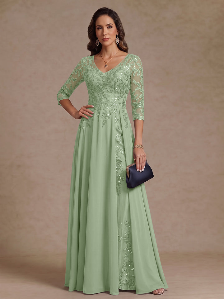 A-Line/Princess V-Neck Half Sleeves Floor-Length Mother of the Bride Dresses with Sequins