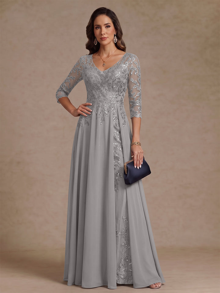 A-Line/Princess V-Neck Half Sleeves Floor-Length Mother of the Bride Dresses with Sequins