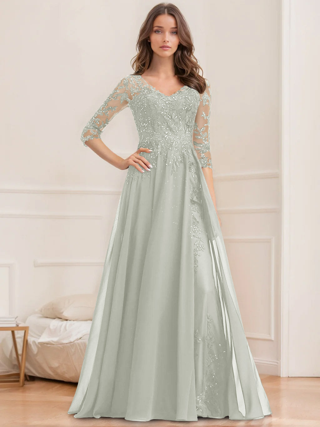 A-Line/Princess V-Neck Half Sleeves Floor-Length Mother of the Bride Dresses with Sequins