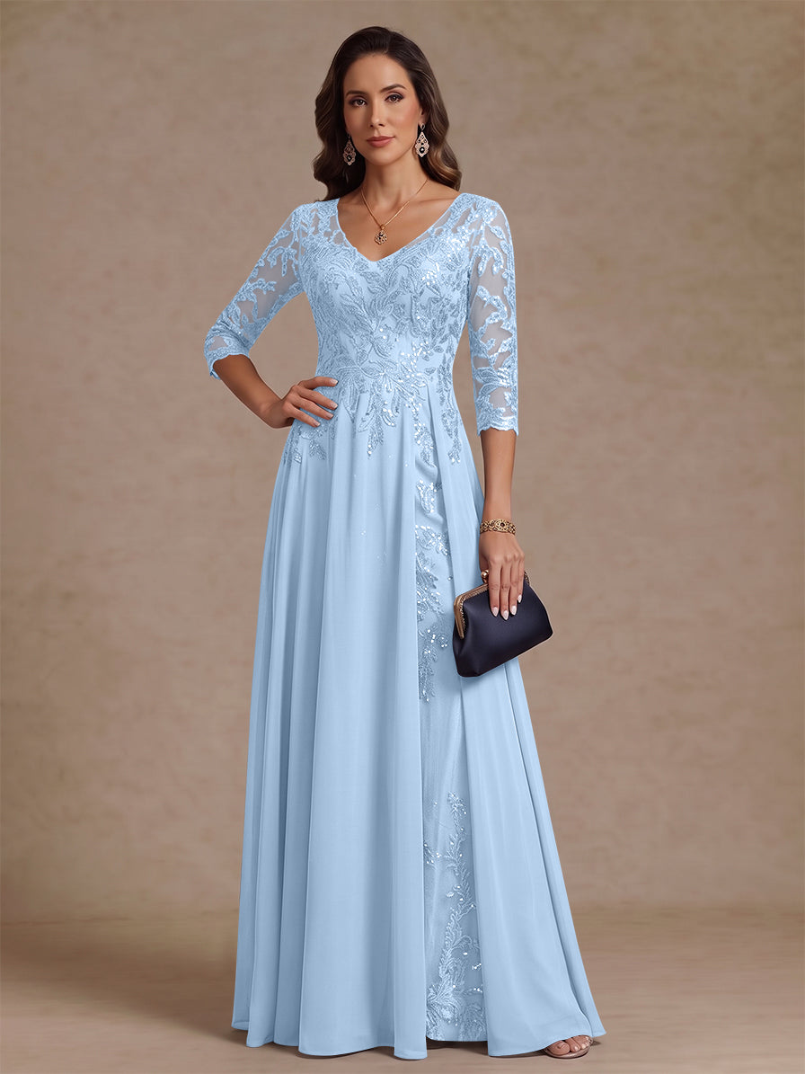 A-Line/Princess V-Neck Half Sleeves Floor-Length Mother of the Bride Dresses with Sequins