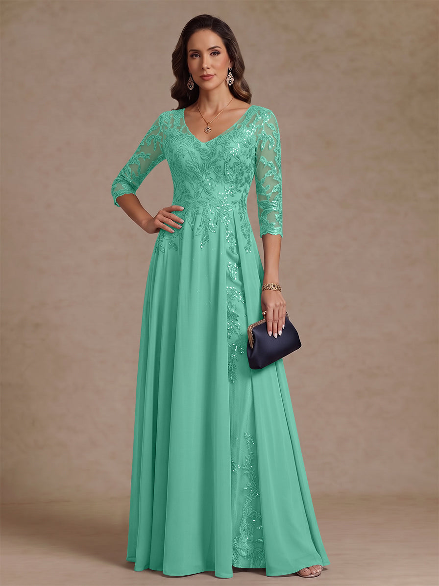 A-Line/Princess V-Neck Half Sleeves Floor-Length Mother of the Bride Dresses with Sequins