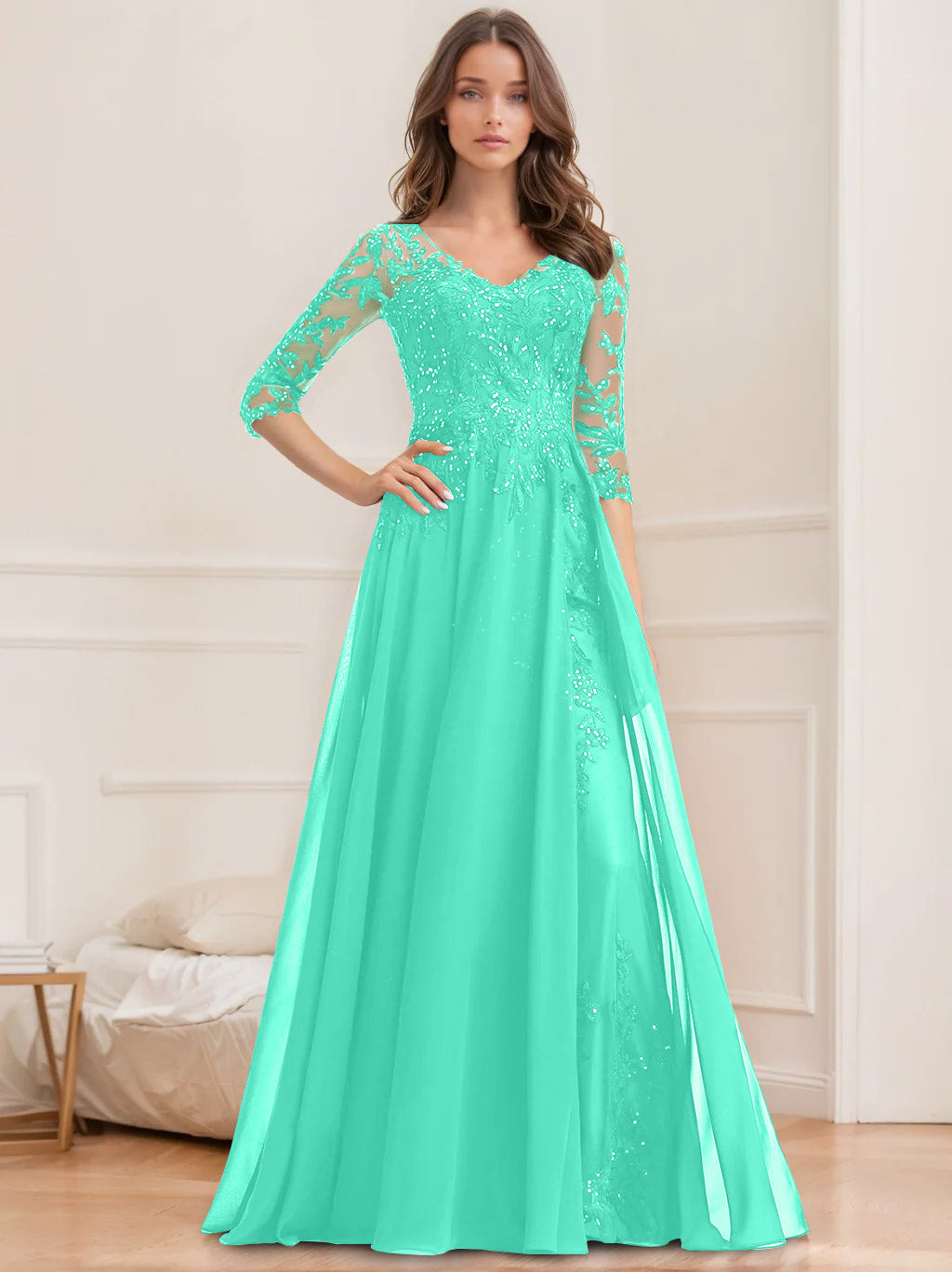 A-Line/Princess V-Neck Half Sleeves Floor-Length Mother of the Bride Dresses with Sequins