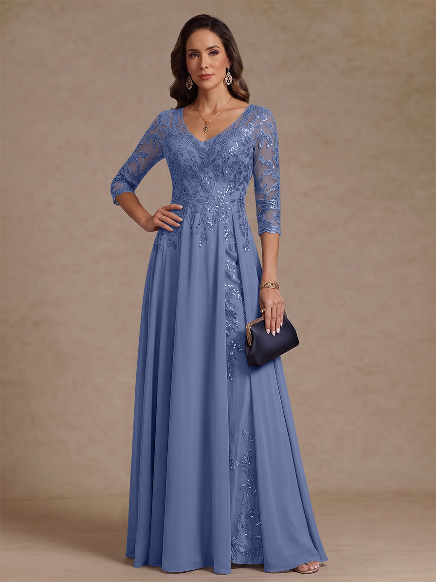A-Line/Princess V-Neck Half Sleeves Floor-Length Mother of the Bride Dresses with Sequins