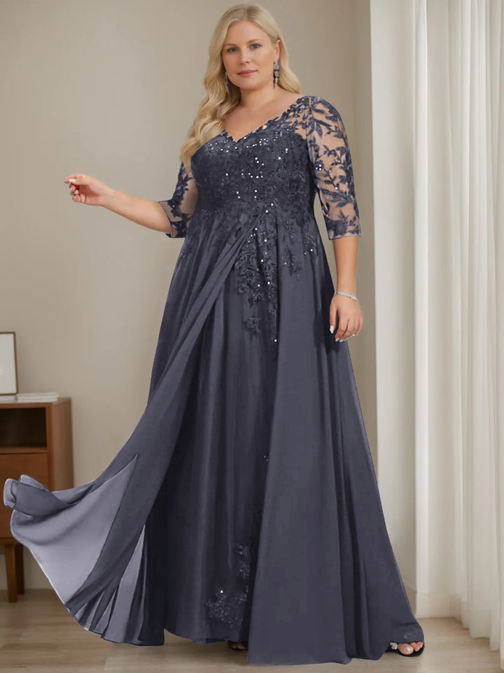 A-Line/Princess V-Neck Half Sleeves Floor-Length Plus Size Mother of the Bride Dresses with Sequins