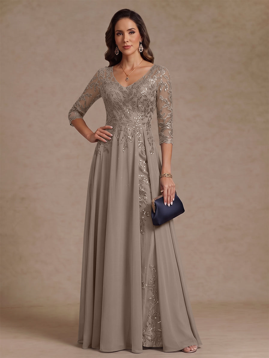 A-Line/Princess V-Neck Half Sleeves Floor-Length Mother of the Bride Dresses with Sequins