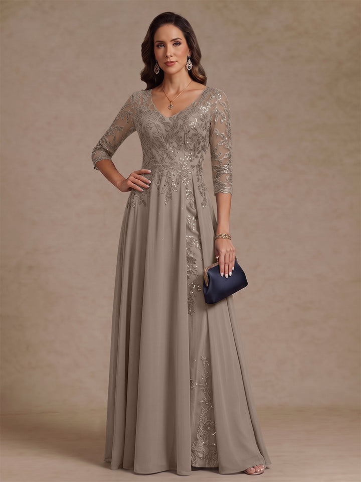 A-Line/Princess V-Neck Half Sleeves Floor-Length Mother of the Bride Dresses with Sequins